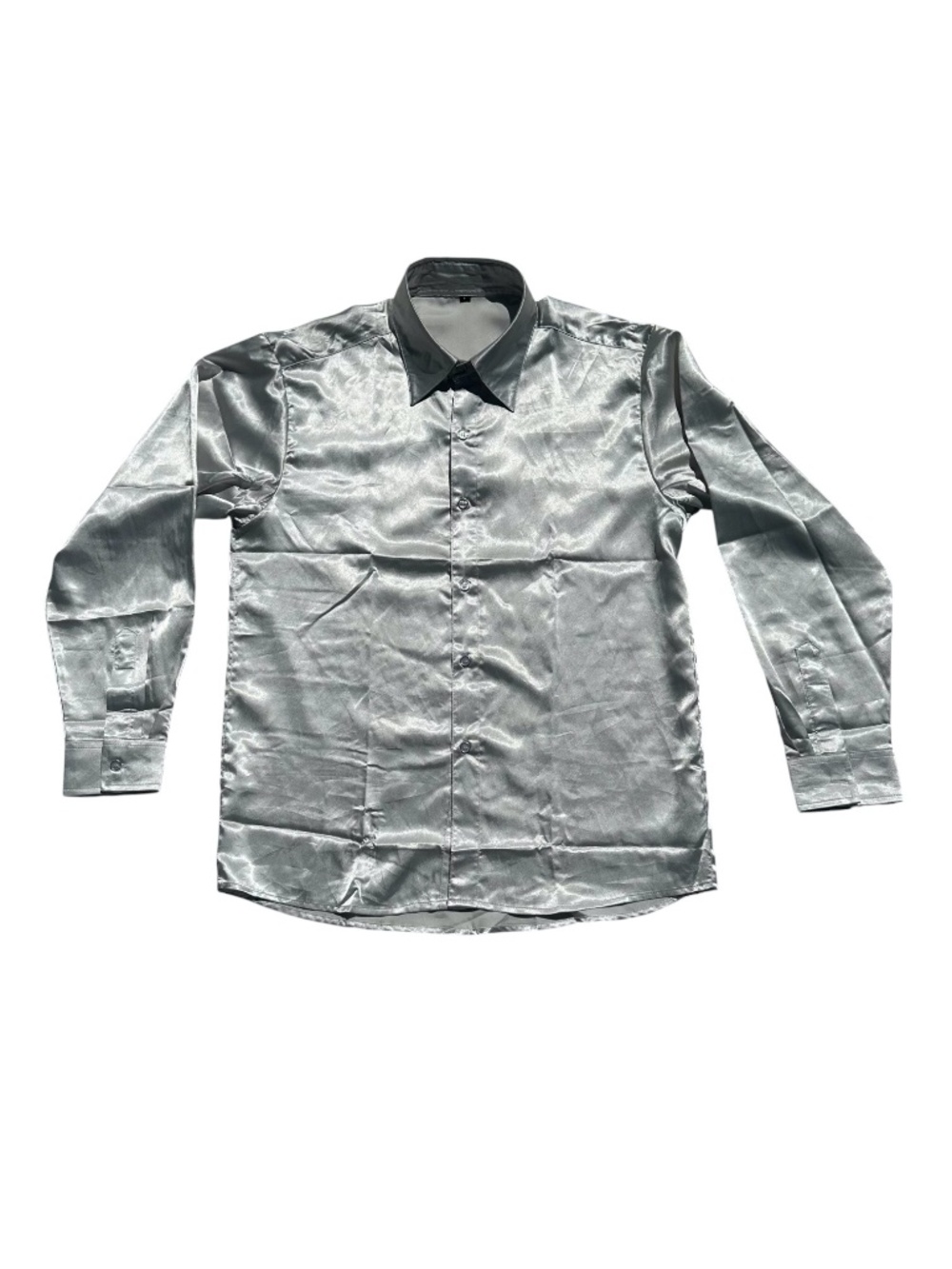 Silvery White Satin Button Down Shirt Long Sleeve Blouse Large L Pristine